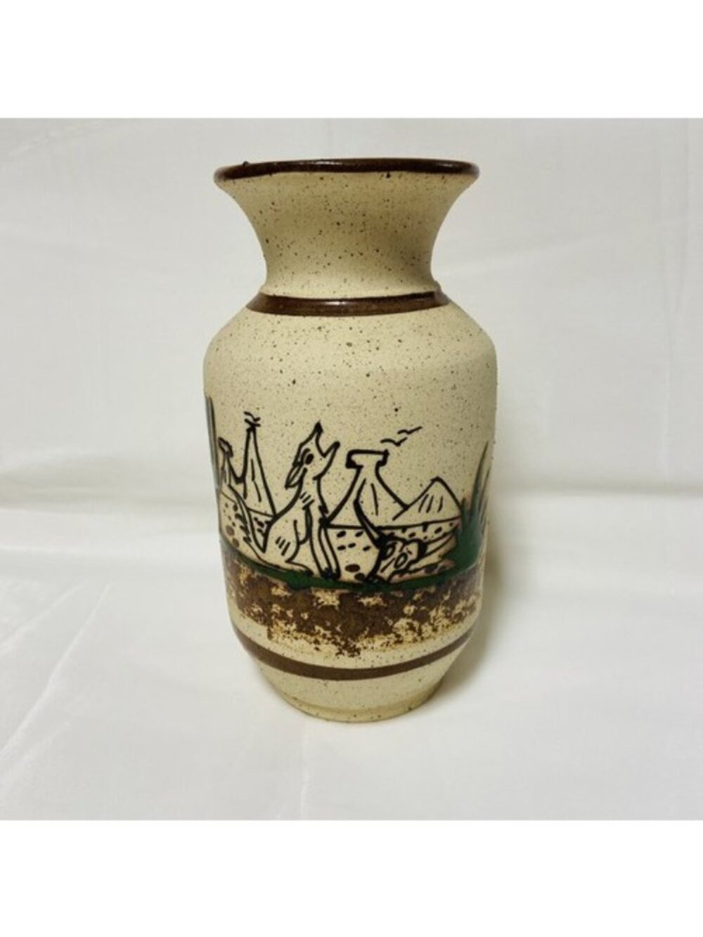 VTG Signed Mexico Pottery Vase Southwestern Wolf Desert Agave Cactus Handcrafted